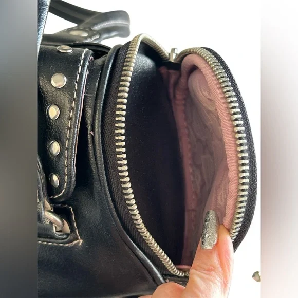 Kathy Van Zeeland Y2K Black Tootsie Roll Purse Satchel Side Zip Rhinestone - Picture 6 of 16